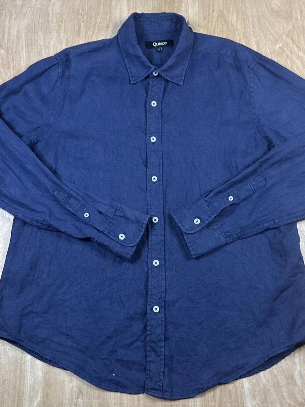 Quince Mens Deep Dark Blue 100% Linen Long Sleeve Button Up Shirt Size Large.